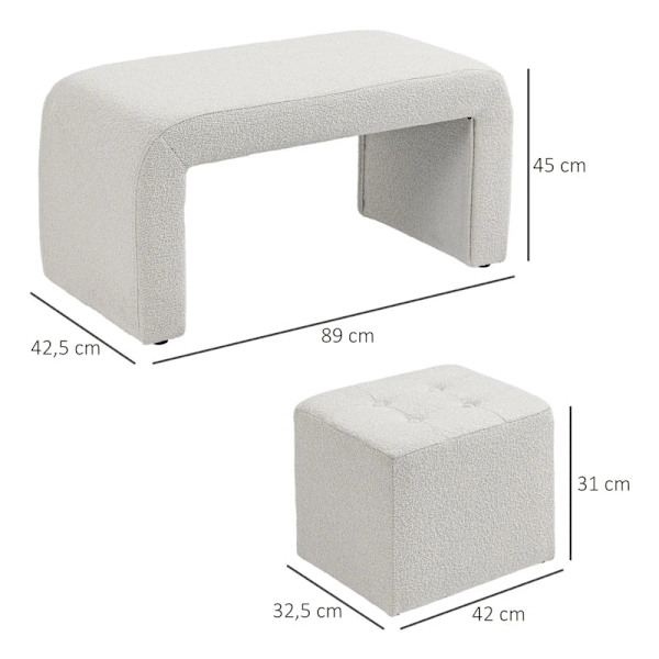 Rootz Footstool - Setti 3-osainen - Napin tikkaus - Silmukkalanka - Eukalyptuspuu - Kermanvärinen - 89 cm x 42,5 cm x 45 cm