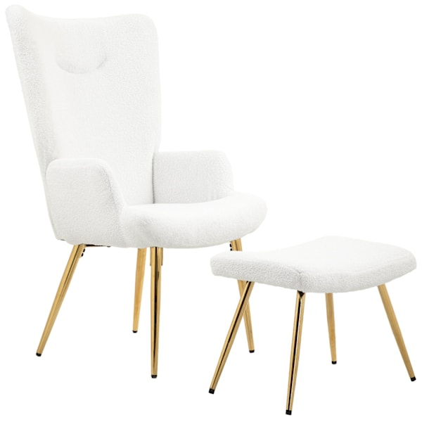 Rootzin siipituoli jakkara - Lounge -tuoli - Aksenttituoli - Korkea selkäkuvuus - 73W x 68D X 111H CM, 52W X 38D X 40H CM, WHITE SHERPA -POINTI, KULTA