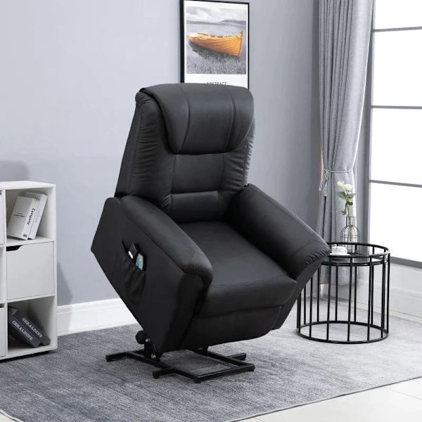 Rootz Massagestol - Stand-up Aid - Elektrisk biografstol - 8 Vibrationspunkter - Varmefunktion - Fodstøtte - Kunstlæder - Sort - 93L x 95W x 106H cm
