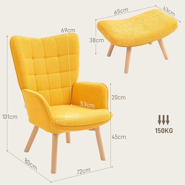 Rootz accentstol med avföring - avslappningsstol - fåtölj - träben - hög komfort - 72 cm x 80 cm x 101 cm - gul corduroy