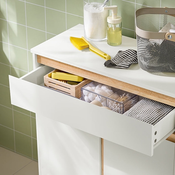 Rootz vaskeskab med vaskepose - Vasketøjsopsamler - Badeværelsesmøbler - MDF og gummitræ - Vippebeskyttelse - Fleksibel opbevaring - 71cm x 33cm x 85c