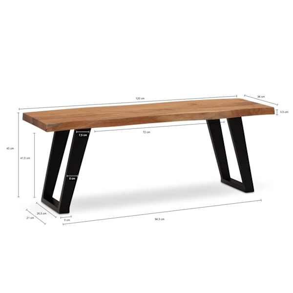 Rootz moderne design massivt træ bænk - indgangsbænk - rustik bænk - akacietræ - U-formede metalben - 120 cm x 40 cm x 45,5 cm