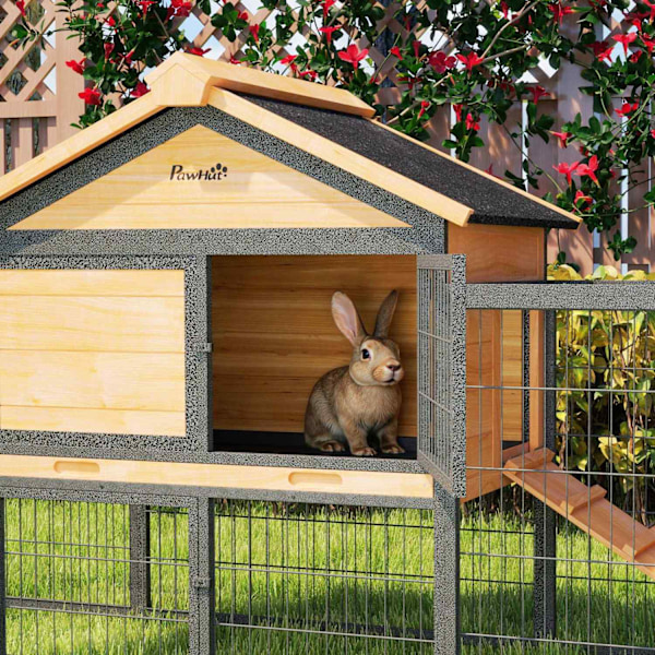 Rootz 2 Level Rabbit Stable - Double -Deck House - Udendørs kæledyrskabning - Vejrbestandigt, let rent - 217 cm x 53 cm x 86 cm
