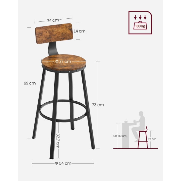 Rootz Barstole - Køkkenstole - Sæt med 2 høje barstole med ryglæn - Stålramme - Industriel - 73 cm højt sæde