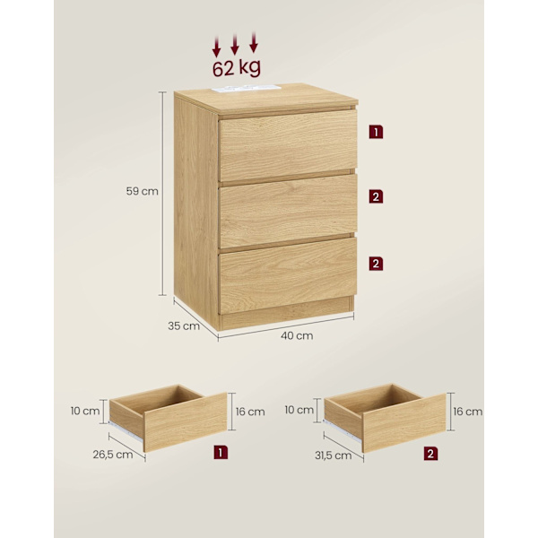 Rootz spånplade sengebord - Natbord - Endebord - Ibenholtssort - Letvægts - Robust - Nem montering - 35 cm x 40 cm x 59 cm