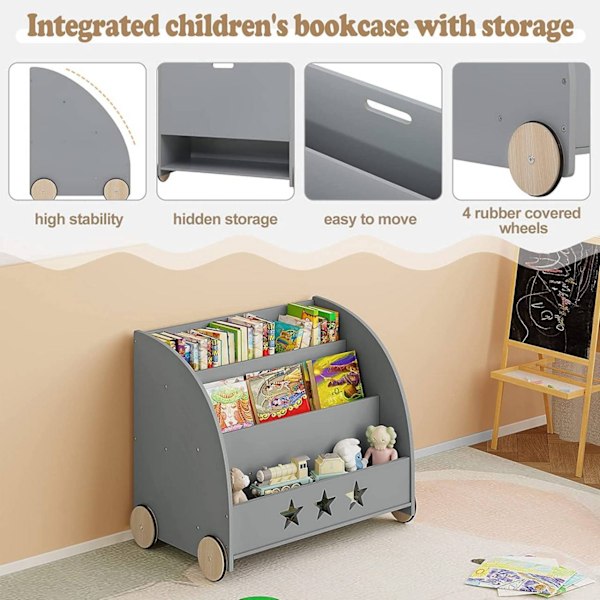 Rootz børnebogreol - Børnebogreol - Børnehavemøbler - Sikre ikke-giftige materialer - Engagerende stjernedesign - Mobil med stille hjul - 62 cm x 57 c