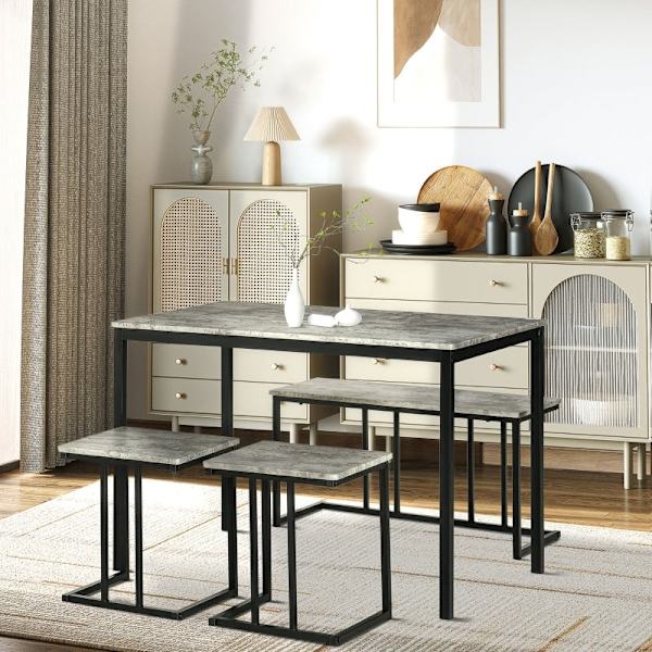 Rootz Compact Köksbordsset - Minimalistiskt matsalsset - Platssparande möbel - Metallstomme - 110x70x75cm Bord, 86x35x45cm Bänk, 40x35x45cm pallar