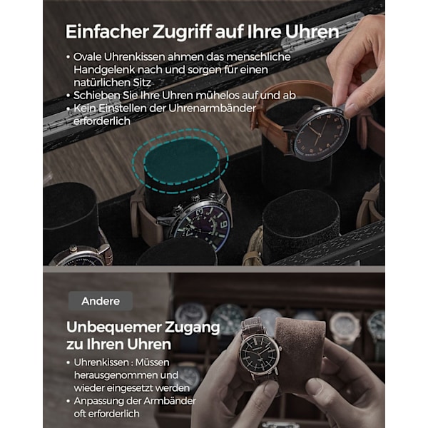 Rootz Watch Box Organizer - Smyckesförvaringsfodral - Displaystativ i trä - Konstruktion i massivt trä - Akryllock - MDF-interiör - 18 cm x 35,2 cm x