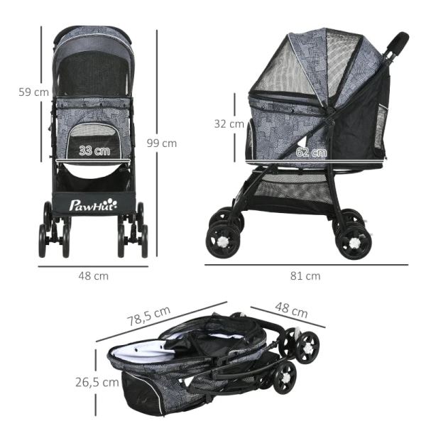 Rootz hopfällbar hundvagn - 1 korg - 1 kudde - 1 sidficka - Universalhjul - Bromsskydd - Korg - Grå - 81cm x 48cm x 99cm