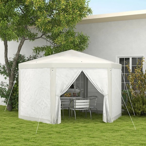Rootz Gazebo - Puutarhapaviljonki - Kuusikulmainen - Maapiikit - Verkkoverhot - Metallirunko - Polyesteri - Metalli - Kermanvärinen - 394L x 394L x 25