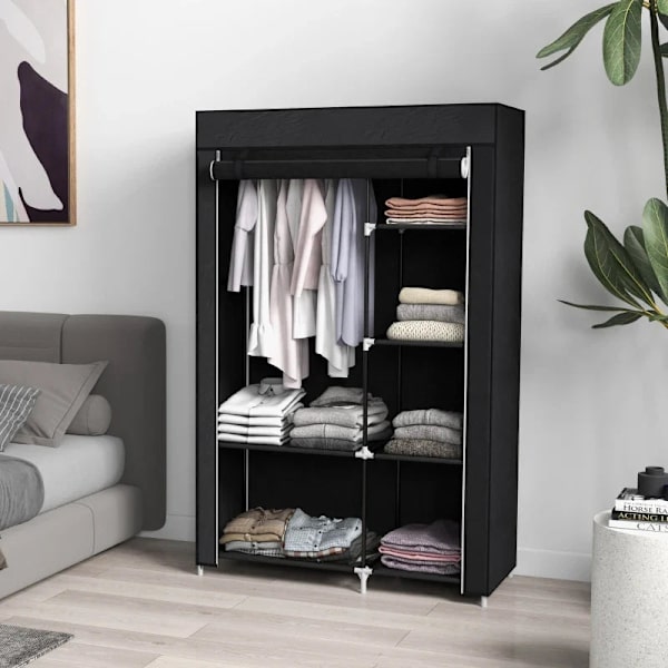 Rootz Tygskåp - Tygskåp - Tygskåp - Förvaringslösning - 6 hyllor - 1 Klädstång - Non-woven Tyg - Svart - 103L x 43W x 162,5H cm