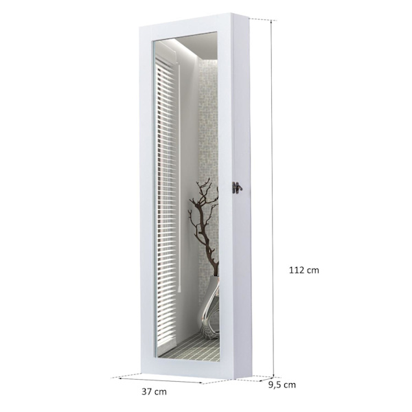 Rootz Smyckesspegel - Smyckesskåp - Väggspegel - 2 i 1 - Vit - Förvaringsutrymme - Smycken - 37 x 9,5 x 112 cm