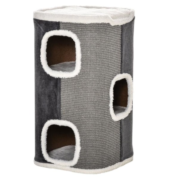 Rootz Cat Scratch Barrel - Kattekradsestolpe - 3 niveauer Kattetræ - Klatretræ til katte - Kattemøbler - Polyester - Grå/Hvid - 40 x 40 x 74 cm
