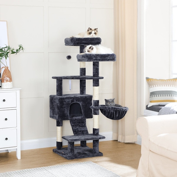Rootz Multi-Leer Cat Tree - Skrapstolpe - Condo Tower - Förhöjda plattformar - 50cm x 45cm x 142cm - Smoke Grey - Chipboard Plysch Sisal - 14kg