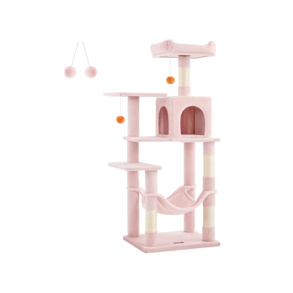 Rootz Cat kradsestolpe - Kitty Tree - Cat Tower - Spånplade Plys Sisal - 55cm x 45cm x 143cm - Pastel Pink - Robust konstruktion - Flere katte - Nem m