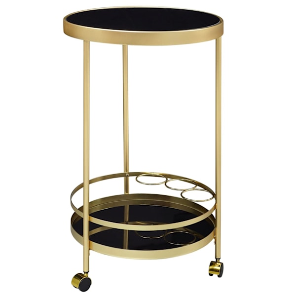 Rootz designvogn guld rund Ø 45cm 2 plan - Sidebord på hjul med glasplade Sort spisevogn - Køkkenvogn - tevogn