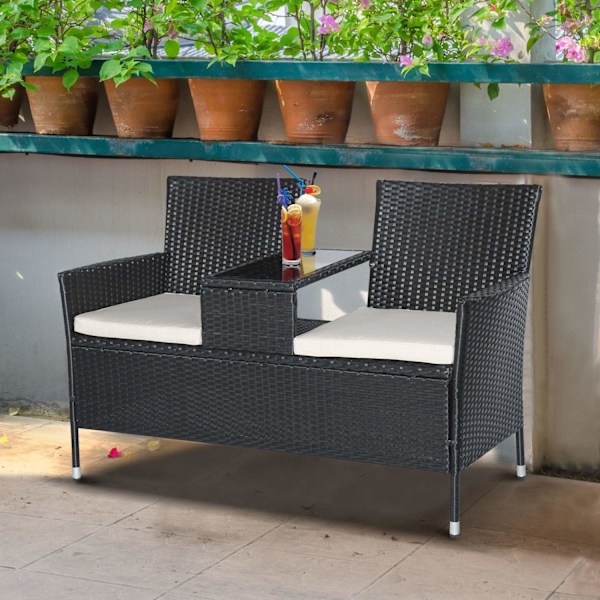 Rootz Polyrattan Lounge Havebænk - Sort, Beige - Polyrattan, Stål, Glas - 52,36 cm x 24,8 cm x 33,07 cm