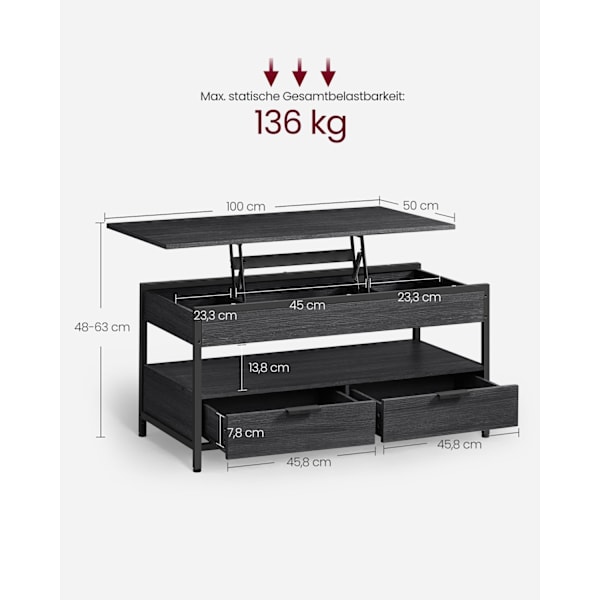 Rootz Justerbart Sofabord - Antracit Grå-Ink Sort - Spånplade stål - Stort 50 x 100 cm - Højde 48-63 cm - Letvægt 25,6 kg - Max belastning 136 kg