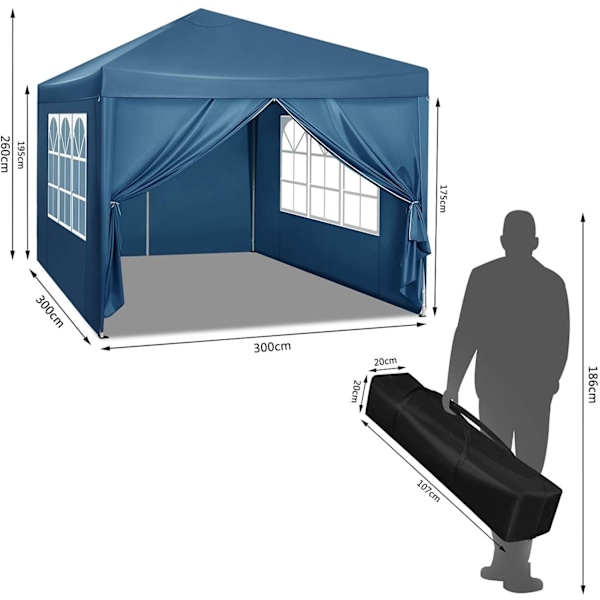 Rootz Gazebo Pop-Up -teltta - Vedenpitävä pagodi - Aurinkosuoja - UV-suoja - Sateenkestävä - Helppo asennus - 3m x 3m Sininen
