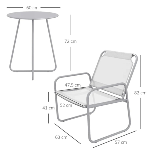 Rootz Havemøbelsæt - 3-delt - 2 Stole - Åndbart stofbetræk - 1 Rundt Bord Ø60 Cm - Stål - Plast - Lysegrå - 52w X 47,5d Cm