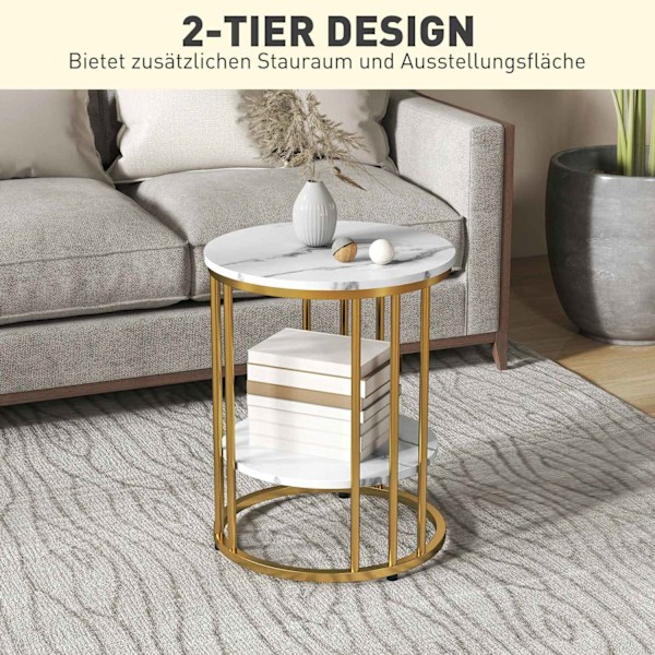 Rootz 2 -bitar Set Round Side Table - kaffebord - marmorutseende - Dubbel lagringsutrymme - Ø45 x 55H cm & Ø40 x 50,5H cm