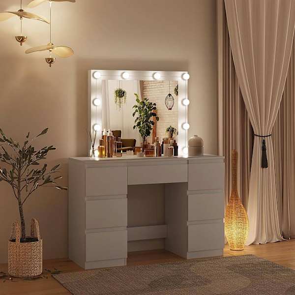 Rootz White Sminkbord - Sminkbord - Sminkbord - Justerbar LED-belysning - Gott om förvaring - Hållbar design - 110 cm x 140,5 cm x 39,5 cm
