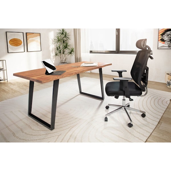 Rootz Modern Design Kontorbord - Skrivebord i massivt træ - Naturligt trækorn - U-formede metalben - Håndlavet - 180 cm x 90 cm x 76 cm