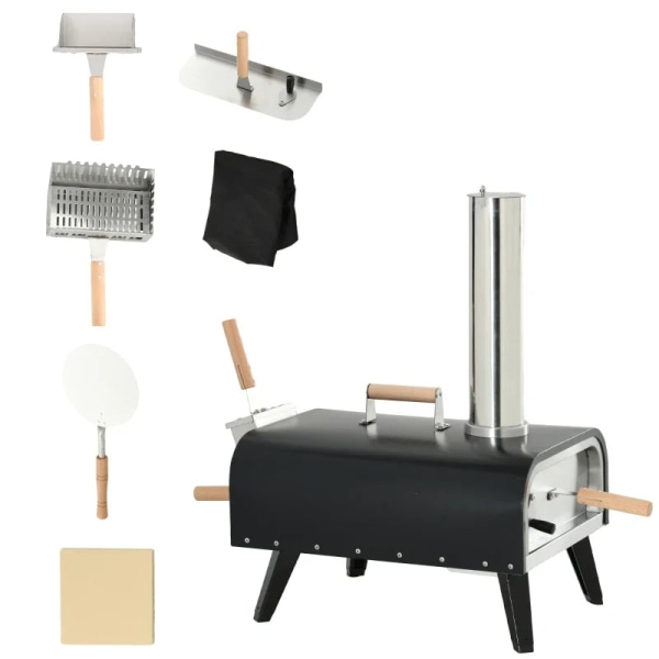Rootz-pizzauuni - Puulämmitteinen uuni - 1 pizzakuori - Säänkestävä - 1 pizzakivi - Liukumattomat matot - Ruostumaton teräs - Musta - 81 x 40 x 72 cm