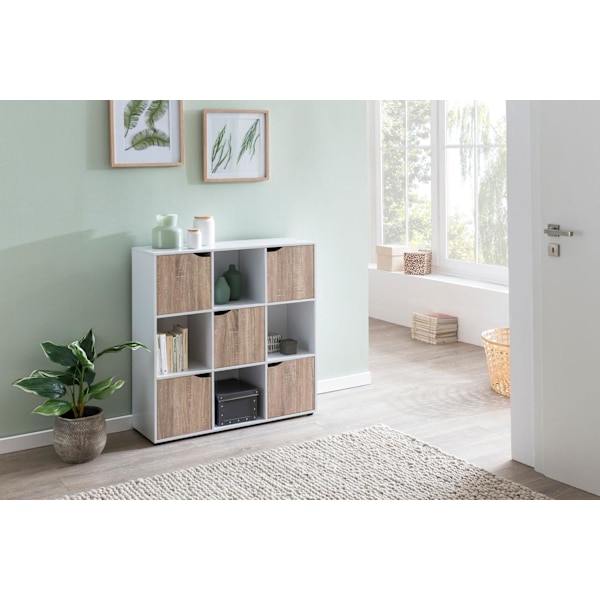 Rootz SAMO 89 x 91 x 29 cm Reol med 9 rum Sonoma - Standhylde med 5 låger - Moderne terninghylde rumdeler - Halskab åbent - Cuberegal kommode opholdsh