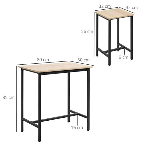 Rootz 3-delad sittgrupp - industriell design - 1 bord 2 pallar - svart + natur - 80L x 50W x 85H cm