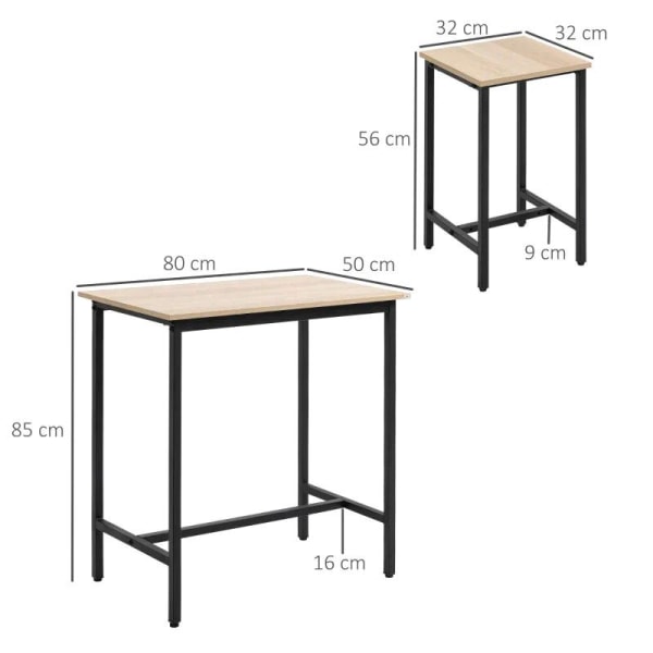 Rootz 3-delt siddegruppe - Industrielt design - 1 bord 2 skamler - Sort + Natur - 80L x 50W x 85H cm