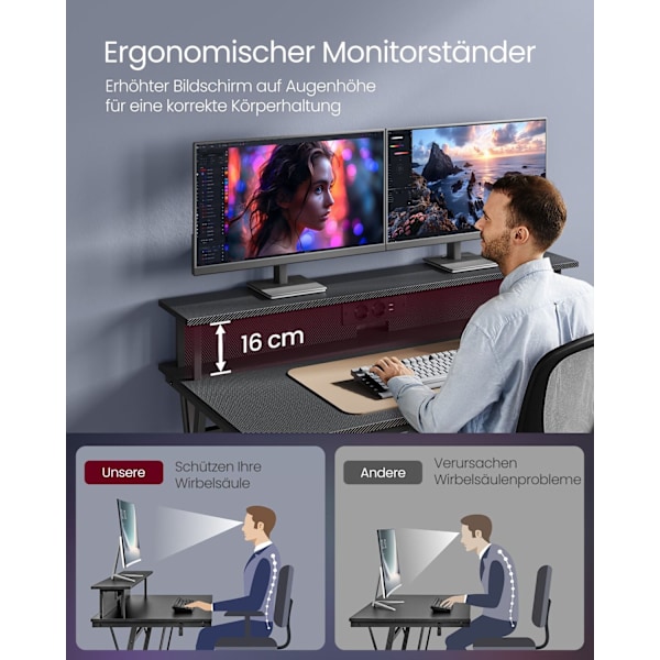 Rootz computerbord - Arbejdsstation - Arbejdsbord - Spånplade og stål - 60 cm x 120 cm x 76 cm - Skærmstativ - Ibenholt Sort - 19,6 kg - 100 kg Maks.