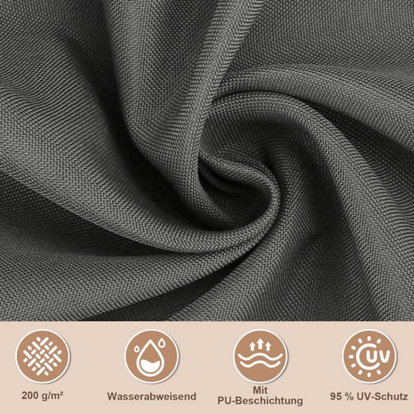 Rootz Sun Sail Shade - Vandtæt Soltæt - Højdensitetsstof - 95 % UV-beskyttelse - 300D Oxford-stof - 200g/m² - Mørkegrå - 5 mm rustfrit stål D-ring - 4