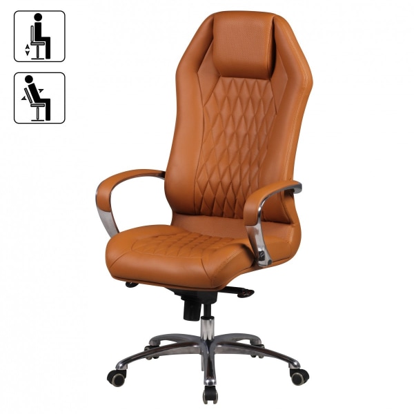Rootz Executive Chair - Äkta läder - Armstöd i aluminium - Ergonomisk design - Karamellfärg - 126-136cm x 70cm x 70cm
