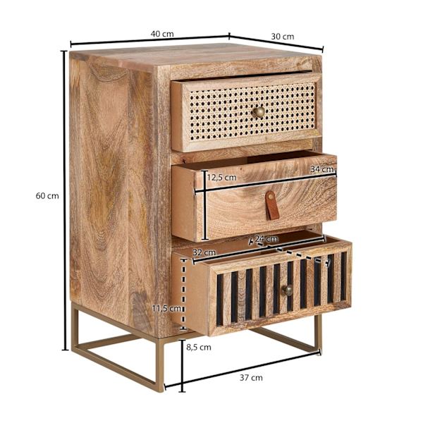 Rootz-yöpöytä mango massiivipuuta - metalli 40x60x30 cm yöpöytä joustinsänky - Design-yöpöytä 3 laatikolla - Yöpöytä säilytystilalla