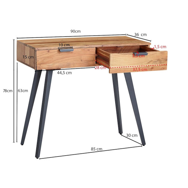 Rootz-konsoli 90 x 78 x 36 cm akaasia massiivipuuta - metallikonsoli laatikoilla - Pieni työpöytä metallijaloilla - Pesupöytä senkki moderni - Massiiv