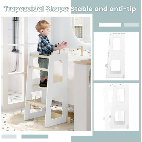 Rootz Kids Learning Tower turvatangoilla - Montessori Kitchen Helper - Valkoinen puu - Taaperoiden jakkara - 59cm x 90cm x 41cm
