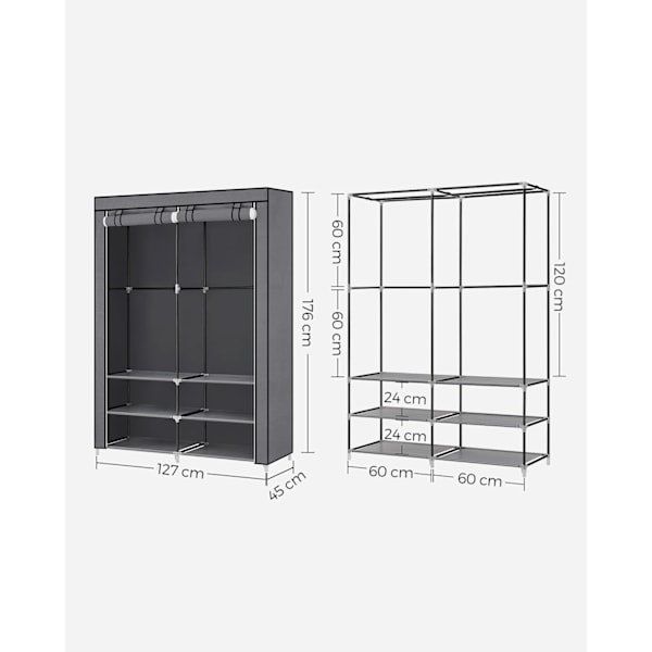 Rootz Grey Steel -vaatekaappi - Kaapin järjestäjä - Säilytyskaappi - Kuitukangas - Muovi - 45 cm x 127 cm x 176 cm - Kevyt - Tukeva - Helppo koota