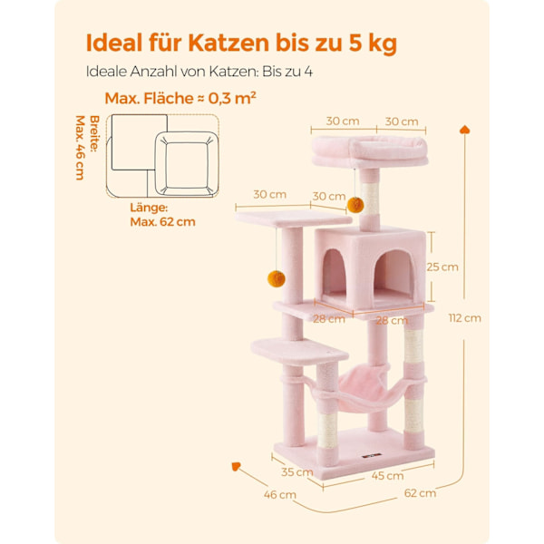 Rootz Jelly Pink Cat kradsestolpe - Kattetræ - Katteklatrestativ - Spånplade Plys Sisal - 45cm x 35cm x 112cm - Robust konstruktion - Multi-Cat Hushol