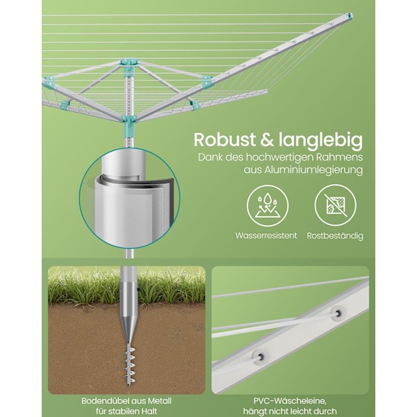 Rootz 50M -vaatteen linja - Pesulinja - kuivausteline - pitää 5 kuormaa - Säädettävä korkeus 121-183cm - 170 cm x 170cm - hopeavihreä