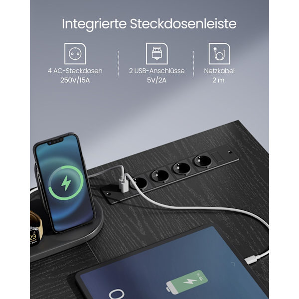 Rootz L-formet skrivebord - Arbejdsstation - Hjørneskrivebord - Ebony Black - Indbyggede stikkontakter - 120 cm x 140 cm x 75 cm