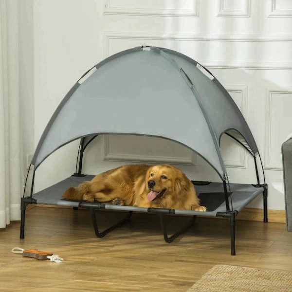 Rootz Pet Bed - Hundeseng - Udendørs hundeseng - Seng med baldakin - UV-beskyttelse - Åndbar - Grå - 122 x 92 x 108 cm