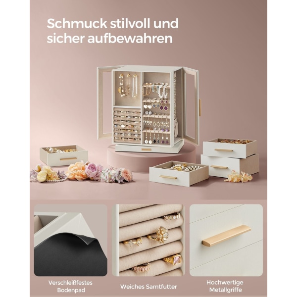 Rootz Smyckeskrin Organizer - Förvaringsfodral - Vit sammetsfodrad - Elegant design - Kompakt storlek - MDF-konstruktion - 16cm x 22,2cm x 28,5cm
