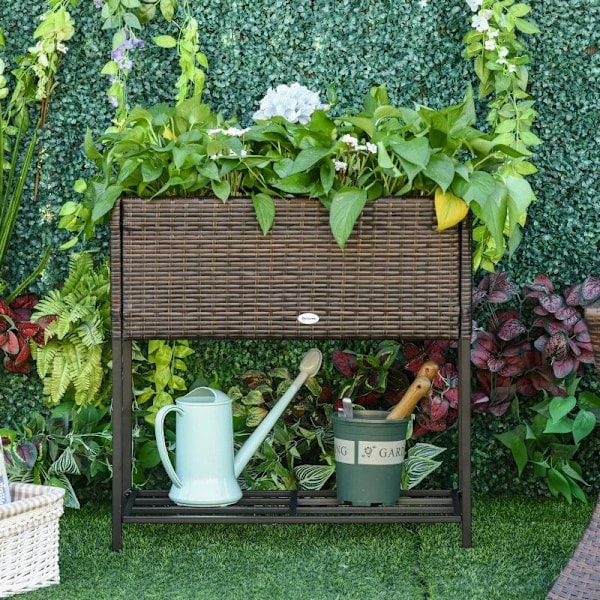 Rootz Højbed - Blomsterkasse - Rattan Højbed Med Hylde - Metal - Brun - 70 x 30 x 72 cm