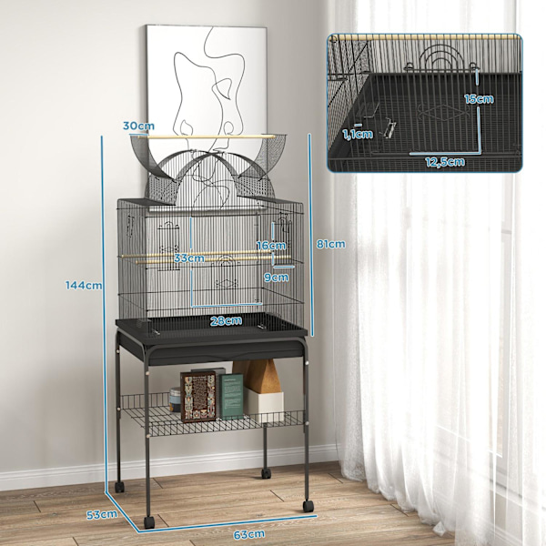 Rootz Mobile Bird Cage - Kanarian ja budgie -elinympäristö - Kestävä metalliverkko - Sileä liikkuvuus - 63 cm x 53cm x 144 cm