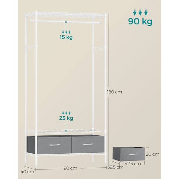 Rootz Steel Klädställ - Garderobsskåp - Klädställ - Cloud White-Dove Grey - 40cm x 90cm x 180cm - Max 90kg total lastkapacitet