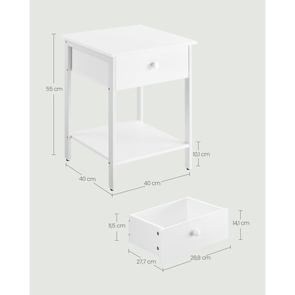 Rootz sæt med 2 mathvide sengeborde - natborde - spånplader og stålkonstruktion - 40 cm x 40 cm x 55 cm - 20 kg overfladekapacitet - 10 kg skuffekapac