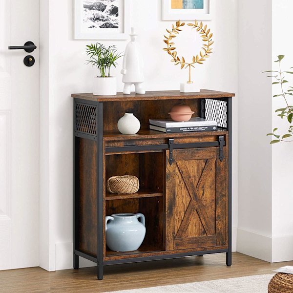 Rootz skænk - Opbevaringsskab - Køkkenskab - Skydedør - Åbent rum - Justerbar hylde - Industriel - Brun - Sort - 70 x 30 x 80 cm