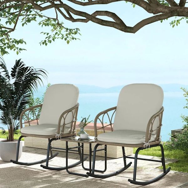 Rootz Gyngestolssæt - Havemøbler - Bistrosæt - Boho Style - PE Rattan - Vejrbestandig - Creme - 63W x 82D x 75H cm