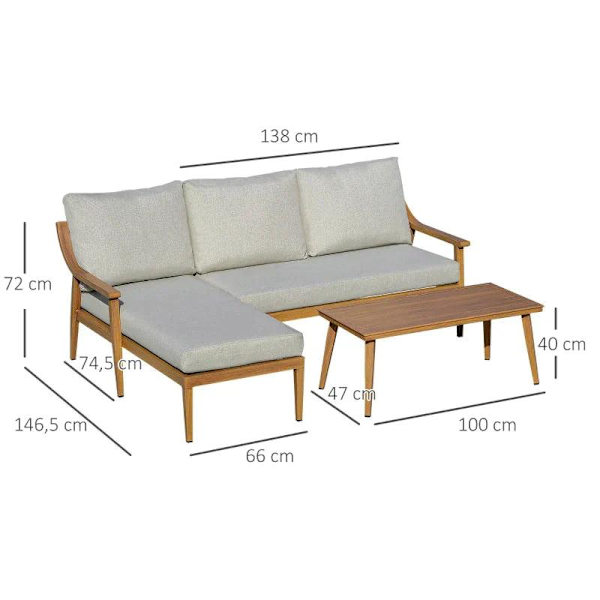 Rootz 3-delt møbelsæt - Havemøbelsæt - Med chaiselong - Dobbelt sofa - Sidebord og hynder - Khaki